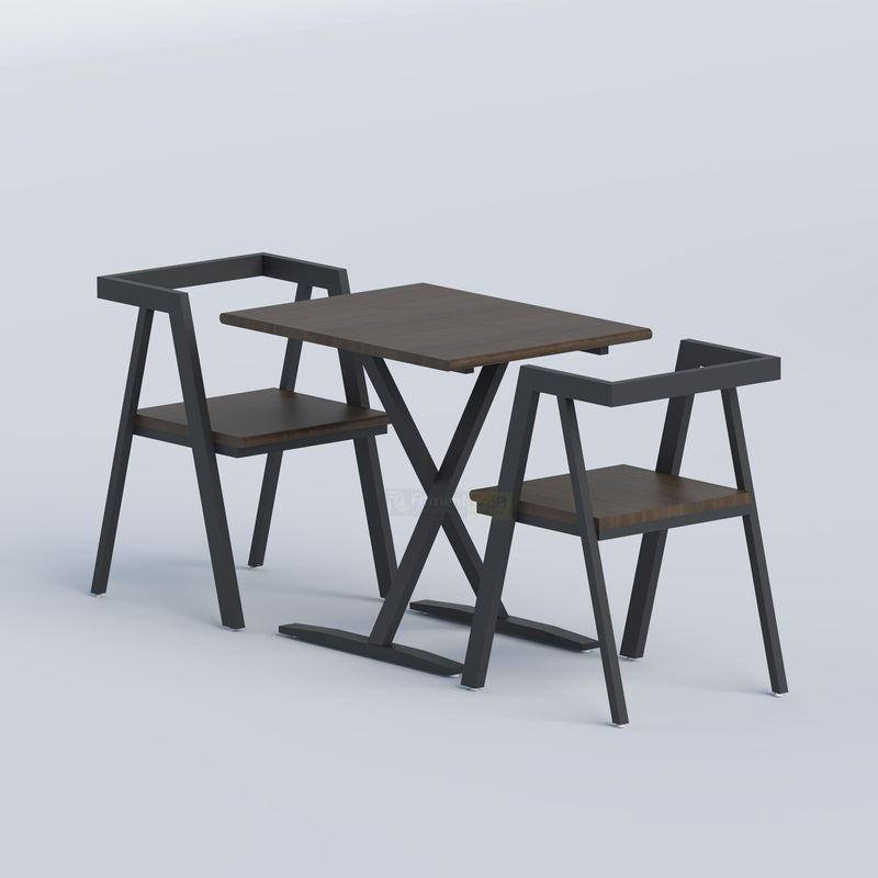 Modern Nelix two-person café table with a light wood rectangular top and stable black mild steel frame design.