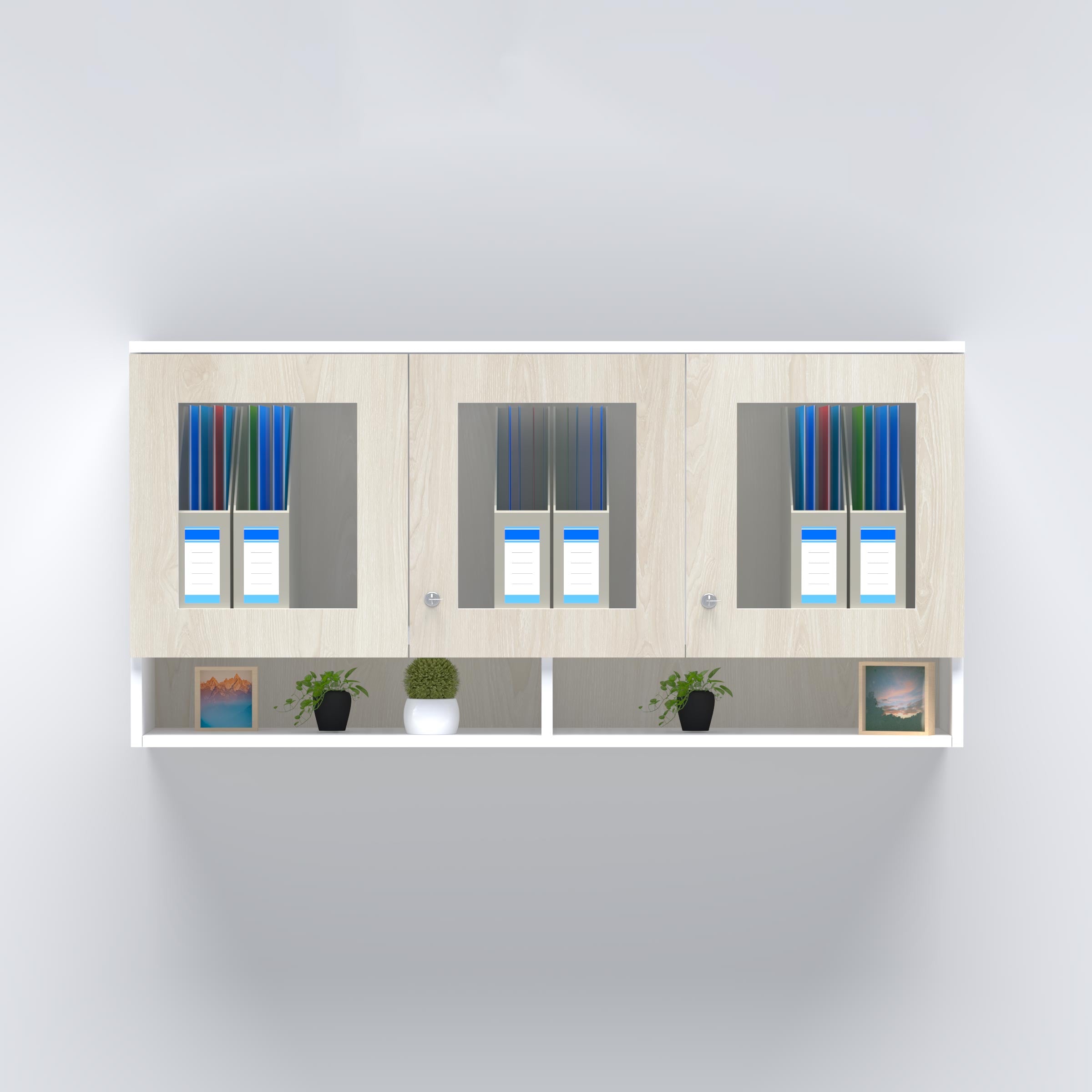 Premium hanging file cabinet with glass doors and storage shelves for modern corporate office interiors