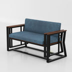 Modern Pendulum double seater sofa with mustard fabric, soft foam padding and stylish wooden armrest details.