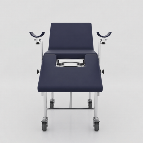 Premium gynae examination bed with SS frame, rexine foam, backrest and wheels for maternity clinics in Bangladesh now BD