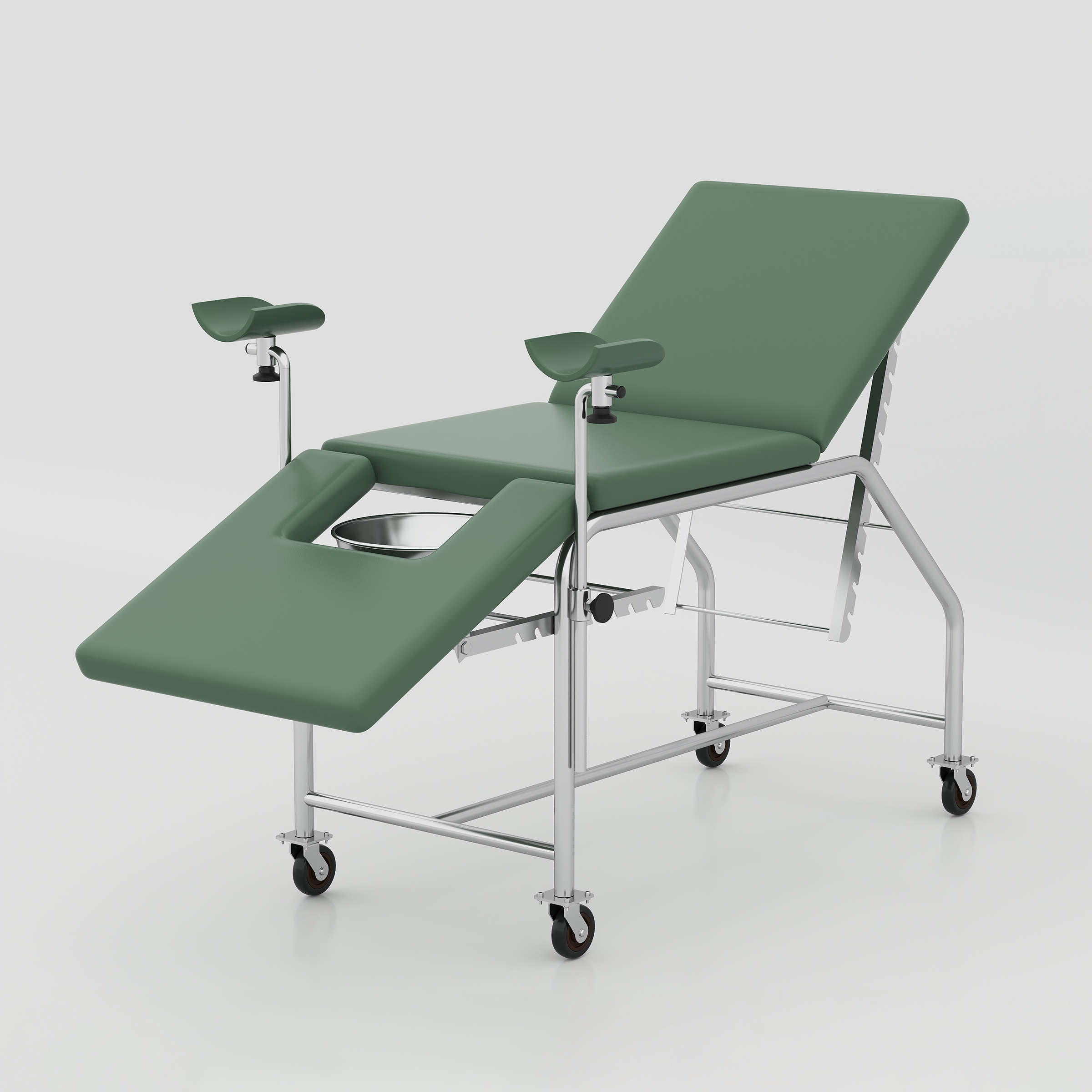 Gynecological bed for hospital and clinic use with padded rexine, stainless steel frame and smooth rubber wheels BD now!