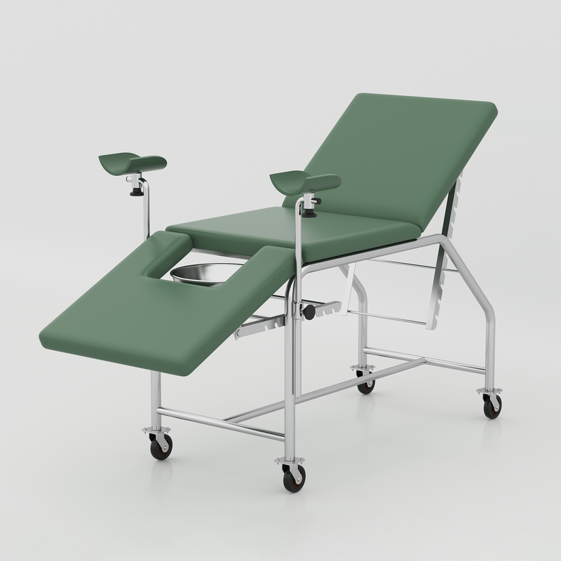 Gynecological bed for hospital and clinic use with padded rexine, stainless steel frame and smooth rubber wheels BD now!