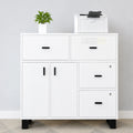 White office file cabinet with multiple drawers, black handles, printer and potted plant