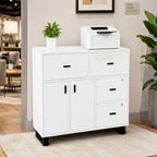 White office storage cabinet with drawers and doors in a contemporary workspace setting