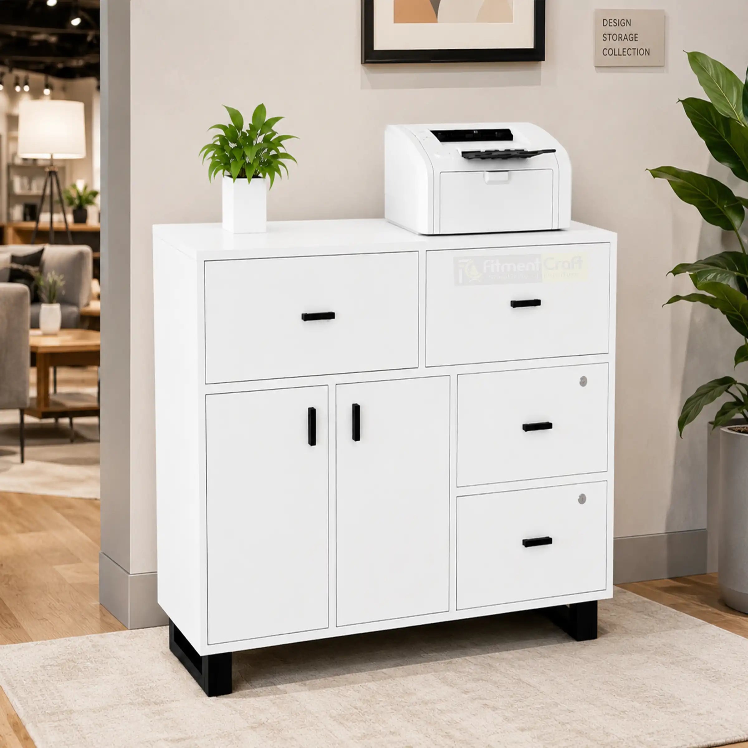 White office storage cabinet with drawers and doors in a contemporary workspace setting