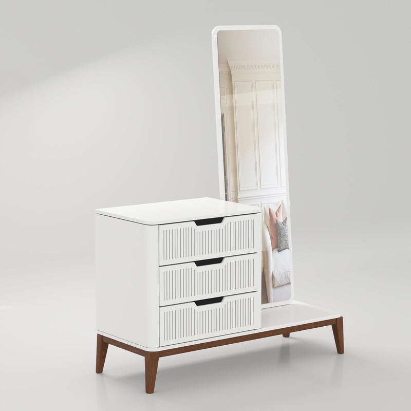 White Ravon dressing table with mirror, three drawers and premium duco finish for modern interiors.