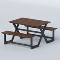 Reserved Restaurant Table with wood slat top, attached benches and black steel X-frame for patios and restaurant spaces.
