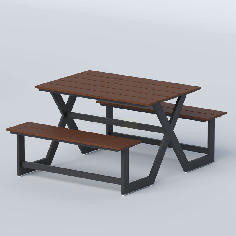 Reserved Restaurant Table with wood slat top, attached benches and black steel X-frame for patios and restaurant spaces.