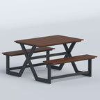 Reserved Restaurant Table featuring warm wood finish, fixed bench seating and durable black metal frame for outdoor use.