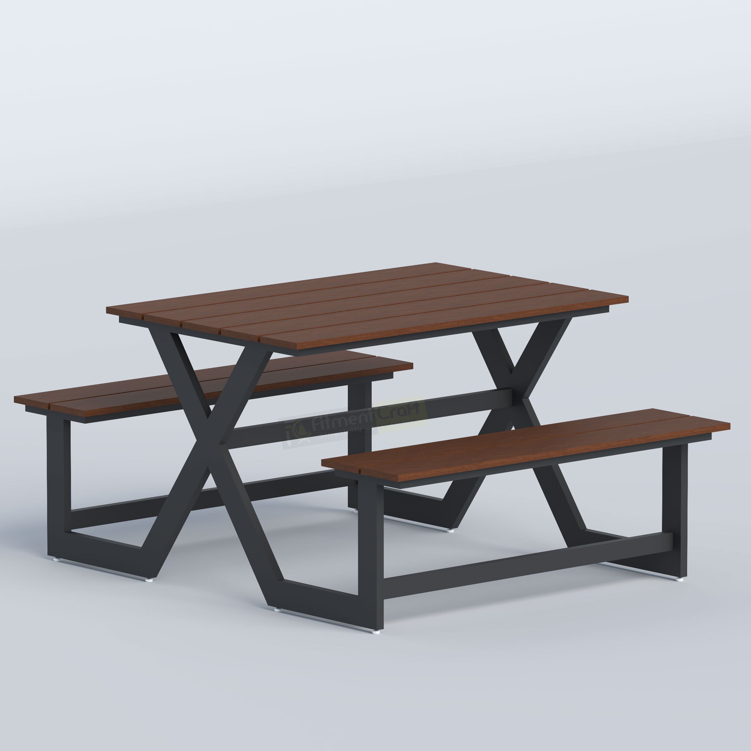 Reserved Restaurant Table featuring warm wood finish, fixed bench seating and durable black metal frame for outdoor use.