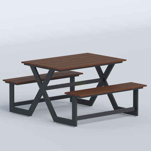 Reserved Restaurant Table featuring warm wood finish, fixed bench seating and durable black metal frame for outdoor use.