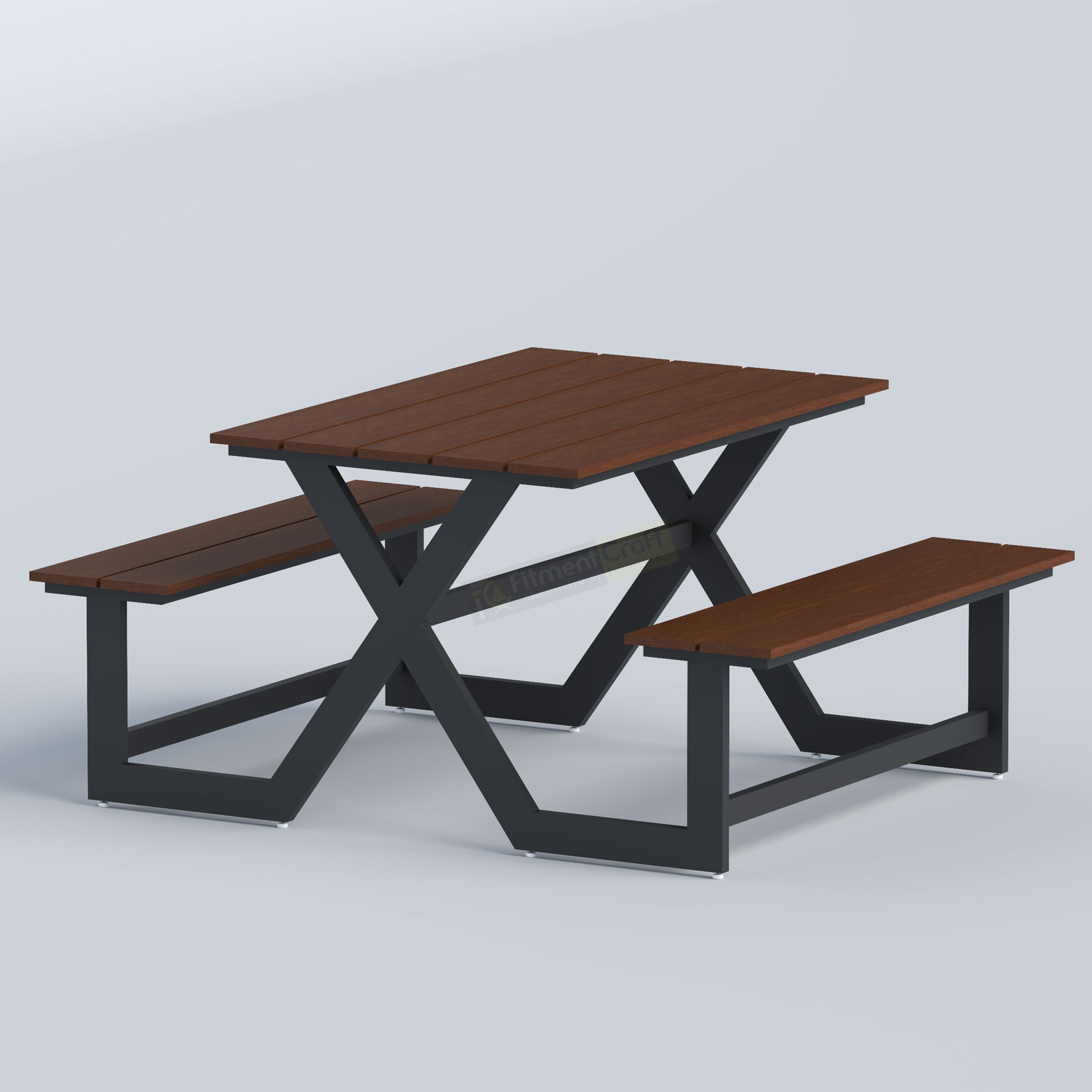 Reserved Restaurant Table with spacious wooden tabletop, integrated benches and sturdy steel legs for commercial dining.