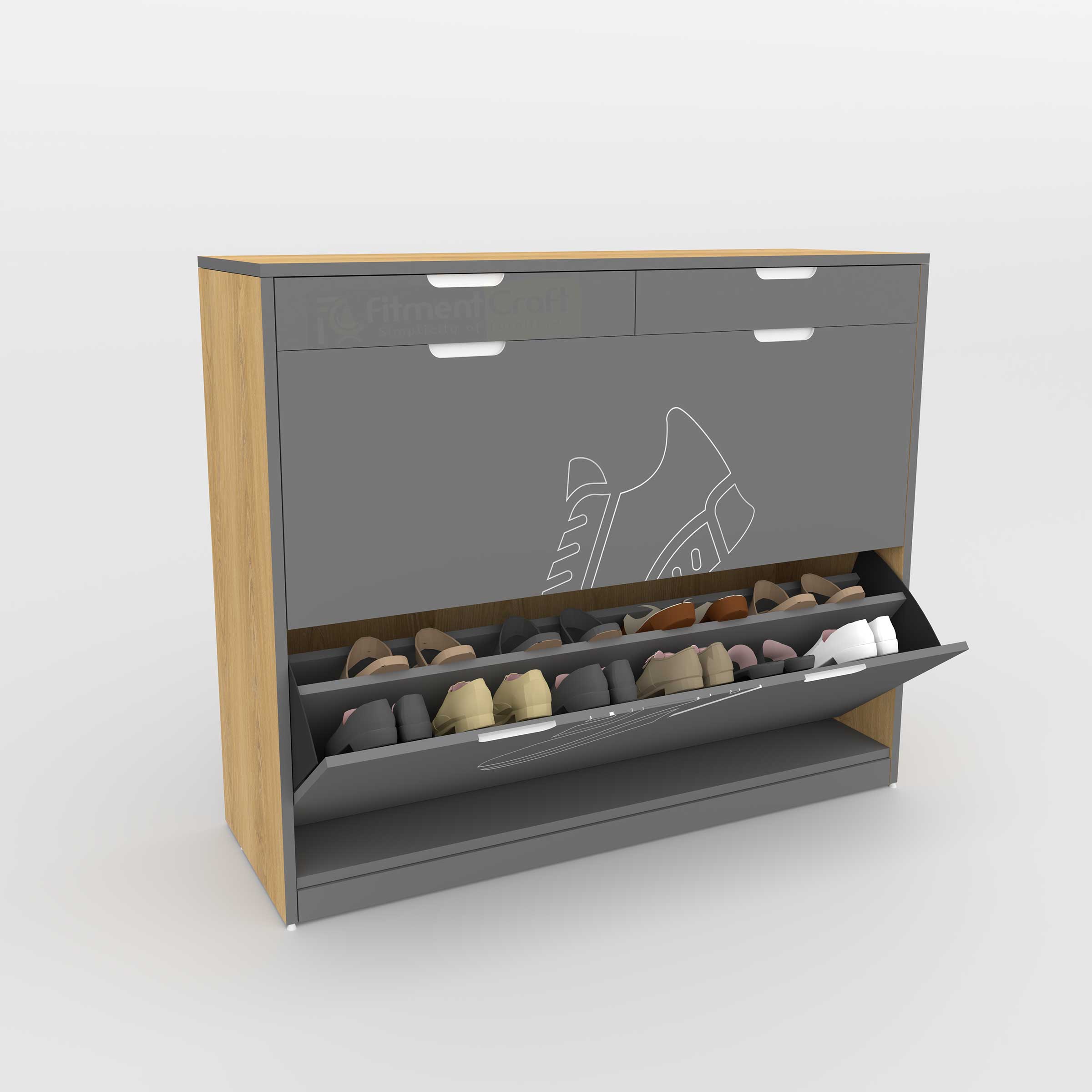 A modern shoe cabinet with a gray front, light wood side panels, and an open lower compartment filled with shoes. The cabinet has two top drawers and a large lower door with a shoe outline graphic.