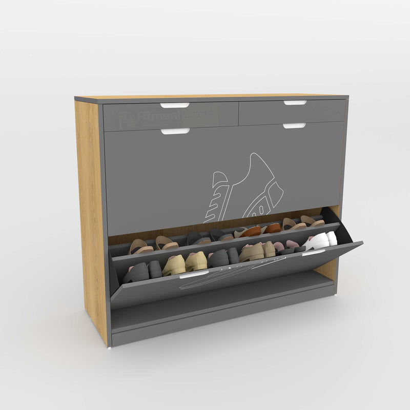 A modern shoe cabinet with a gray front, light wood side panels, and an open lower compartment filled with shoes. The cabinet has two top drawers and a large lower door with a shoe outline graphic.