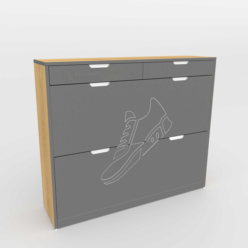 A modern gray shoe cabinet with a light wood top and side panels, featuring three drawers on top and two larger drawers below with a white line-art shoe graphic on the front.