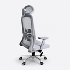 Grey ergonomic executive chair with high mesh back, headrest, padded seat, chrome base and caster wheels for office uses