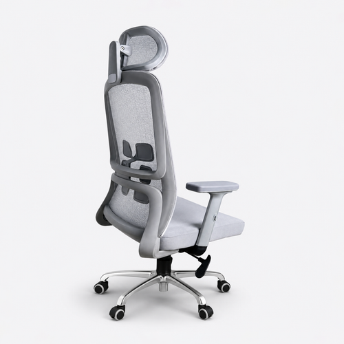 Grey ergonomic executive chair with high mesh back, headrest, padded seat, chrome base and caster wheels for office uses