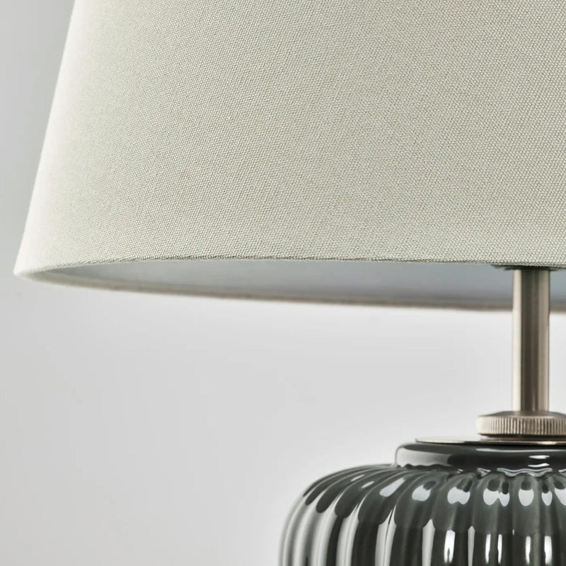 Modern Snobyar Table Lamp in BD with ceramic base, grey textile shade, and warm cozy light for bedroom decoration today.
