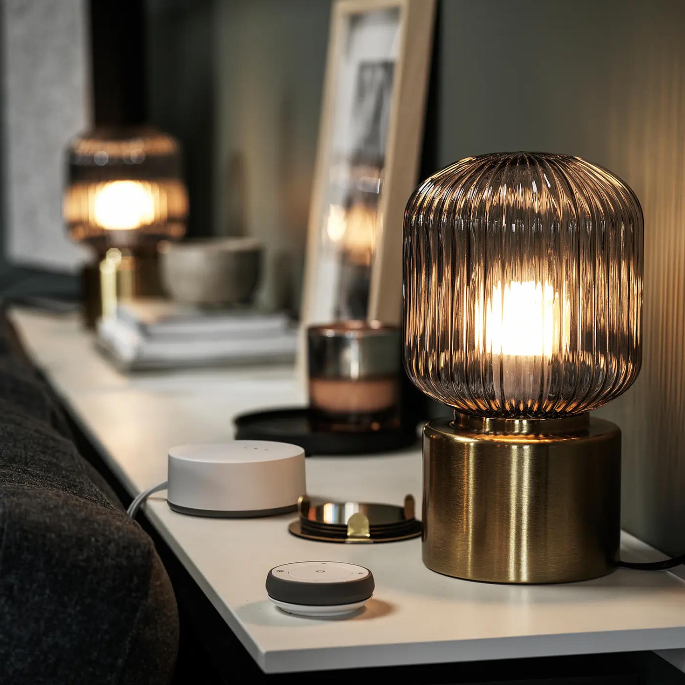 Decorative Solklnt Table Lamp with clear glass shade and brass look base for bedroom, nightstand and living room BD buy.