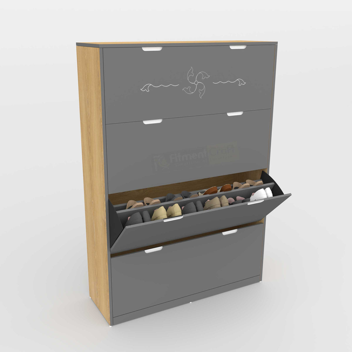 A modern shoe cabinet with a light wood grain exterior, three gray drawers, and an open middle drawer showing shoes inside. The cabinet is shown on a light gray background.