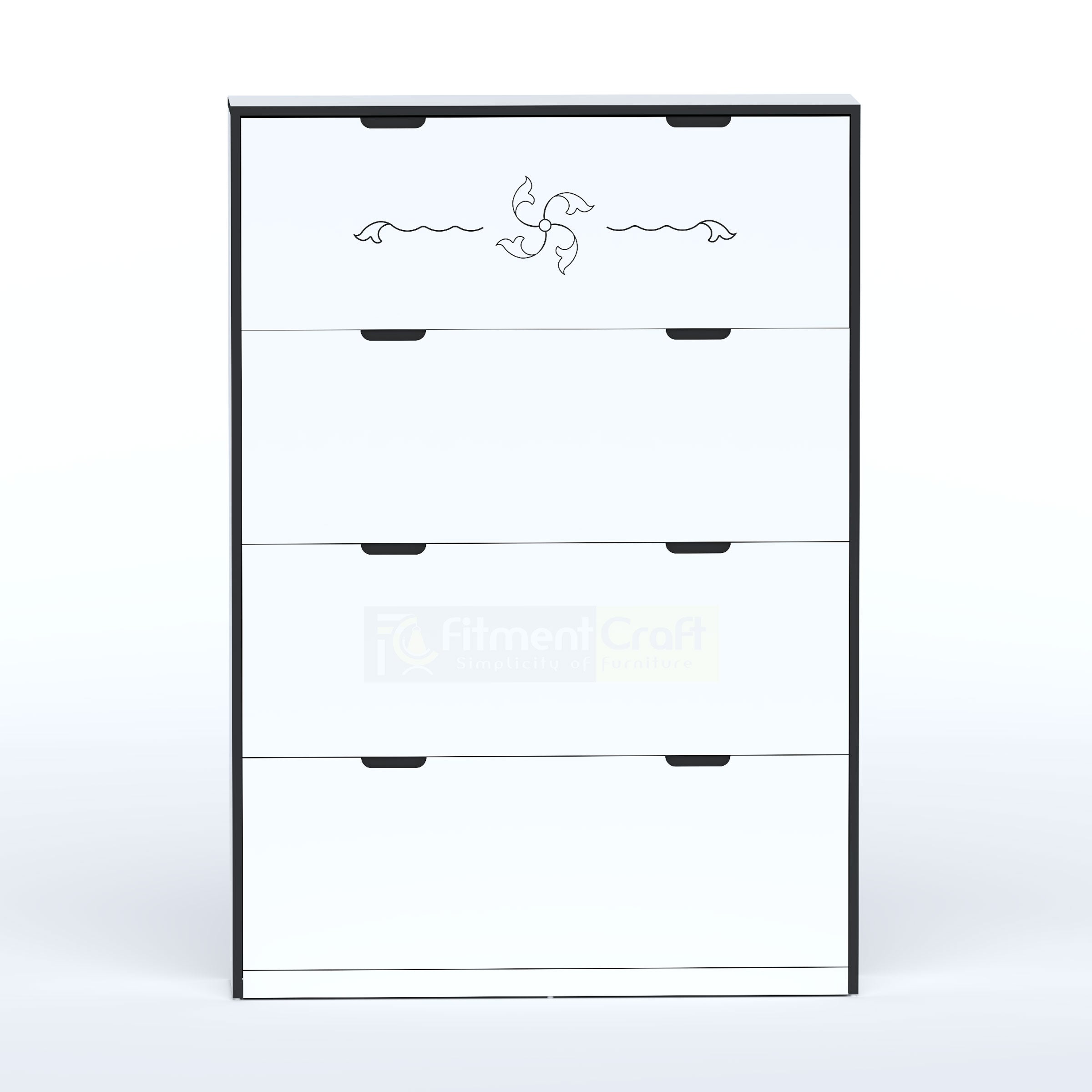 Open Sort single-layer shoe cabinet showing organised footwear inside a compact flip-down storage compartment.