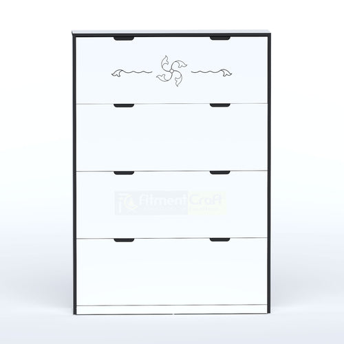 Open Sort single-layer shoe cabinet showing organised footwear inside a compact flip-down storage compartment.