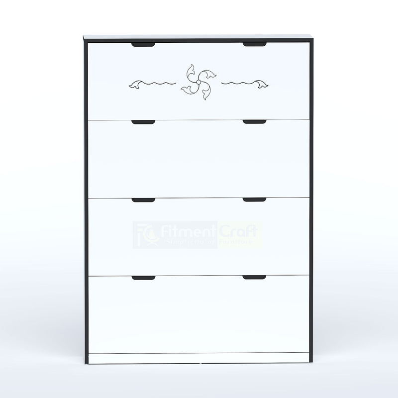 Open Sort single-layer shoe cabinet showing organised footwear inside a compact flip-down storage compartment.