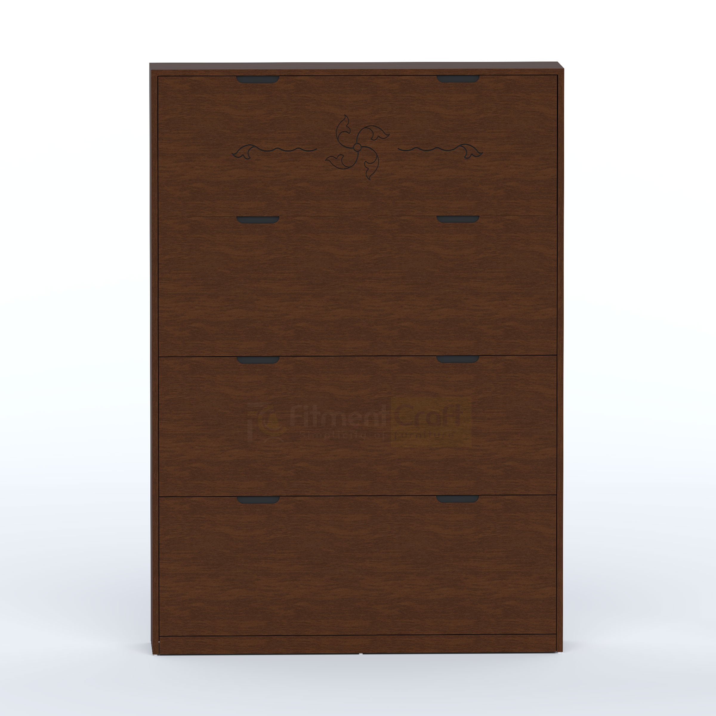 Sort single-layer shoe rack with slim enclosed storage, recessed black handles and an elegant wooden finish for homes.