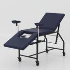 Durable gynecological examination bed with padded rexine surface, leg supports, and mobile wheels for clinics in BD now.