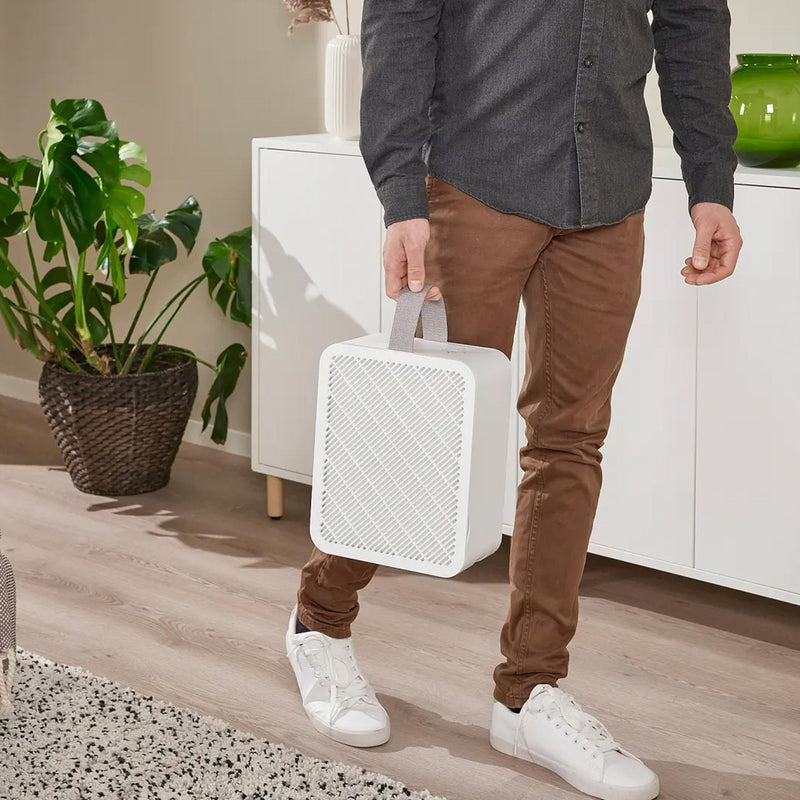 Small air purifier for bedrooms and living room with washable pre-filter, replaceable filter, and quiet operation daily.