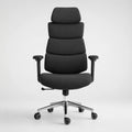 A modern high-back office chair upholstered in black fabric, featuring segmented lumbar support, adjustable armrests, and a chrome five-star base with dual-wheel casters, shown against a light gray studio background.