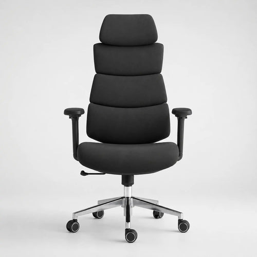 A modern high-back office chair upholstered in black fabric, featuring segmented lumbar support, adjustable armrests, and a chrome five-star base with dual-wheel casters, shown against a light gray studio background.