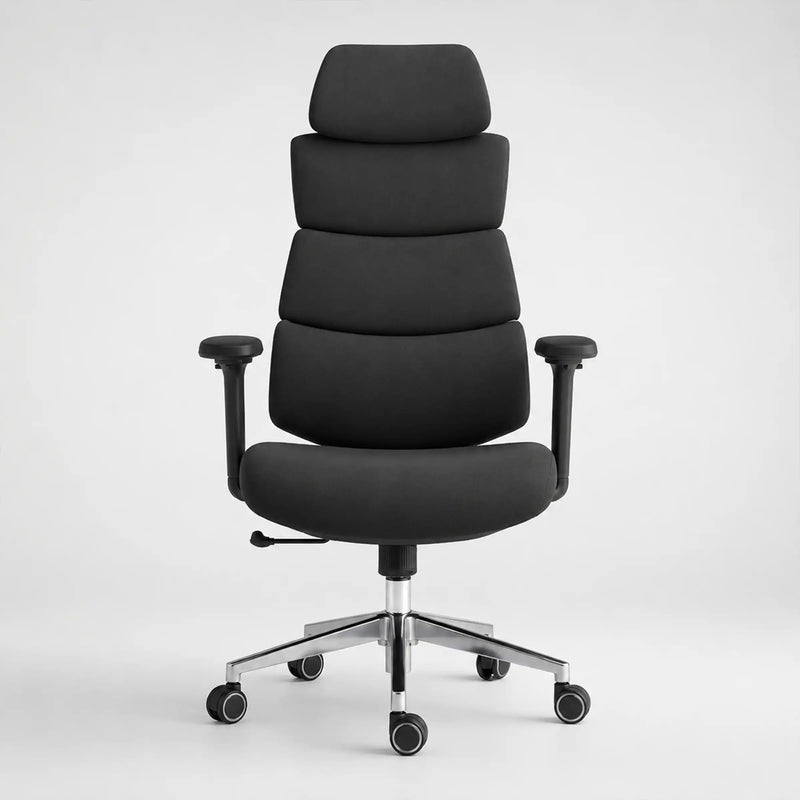 A modern high-back office chair upholstered in black fabric, featuring segmented lumbar support, adjustable armrests, and a chrome five-star base with dual-wheel casters, shown against a light gray studio background.