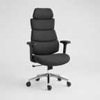 A high-back office chair with padded segmented backrest, black fabric upholstery, adjustable armrests, and a chrome five-star wheeled base, shown on a light gray studio background.