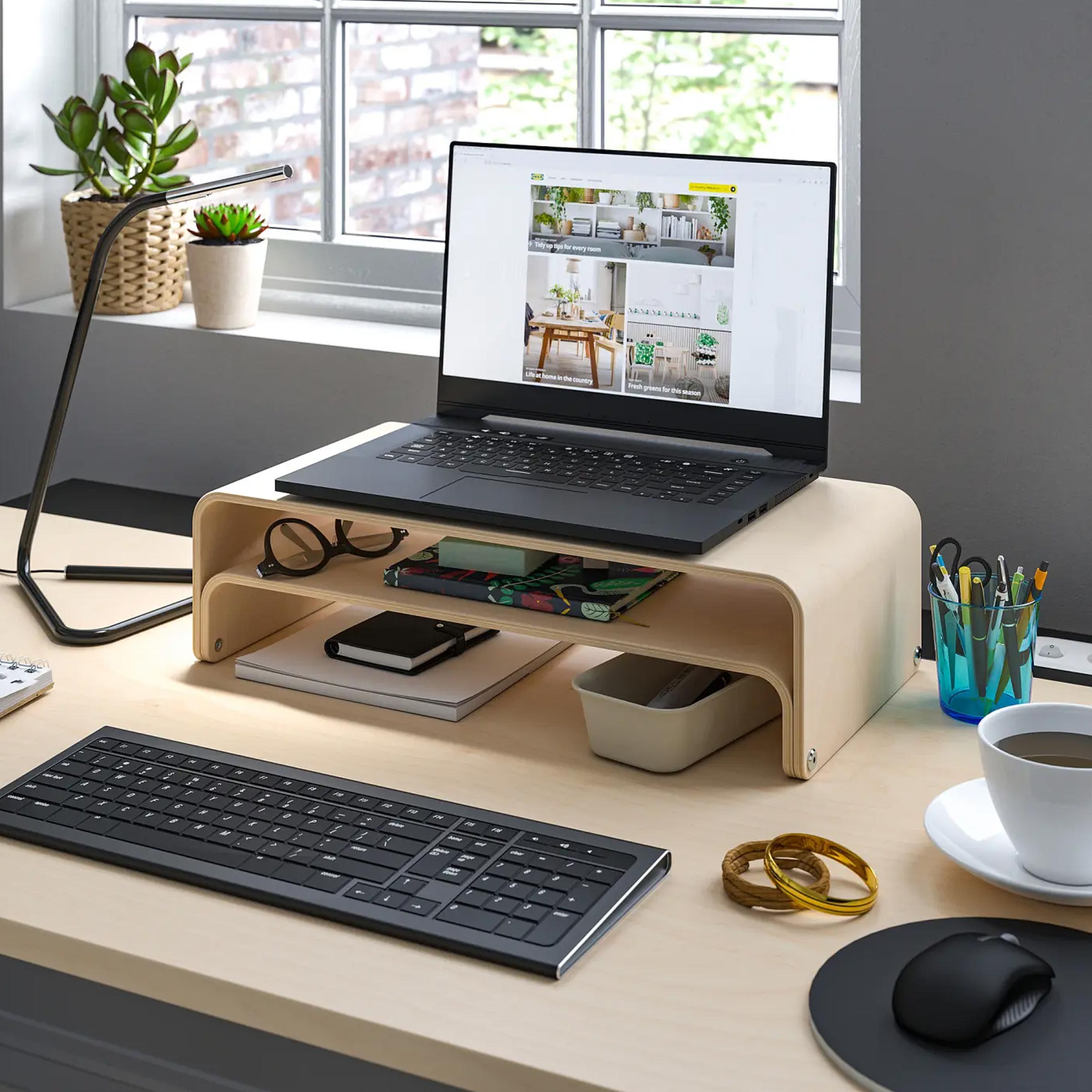 Natural wood monitor stand with storage shelf for laptop, keyboard, books and office desk organization in Bangladesh now