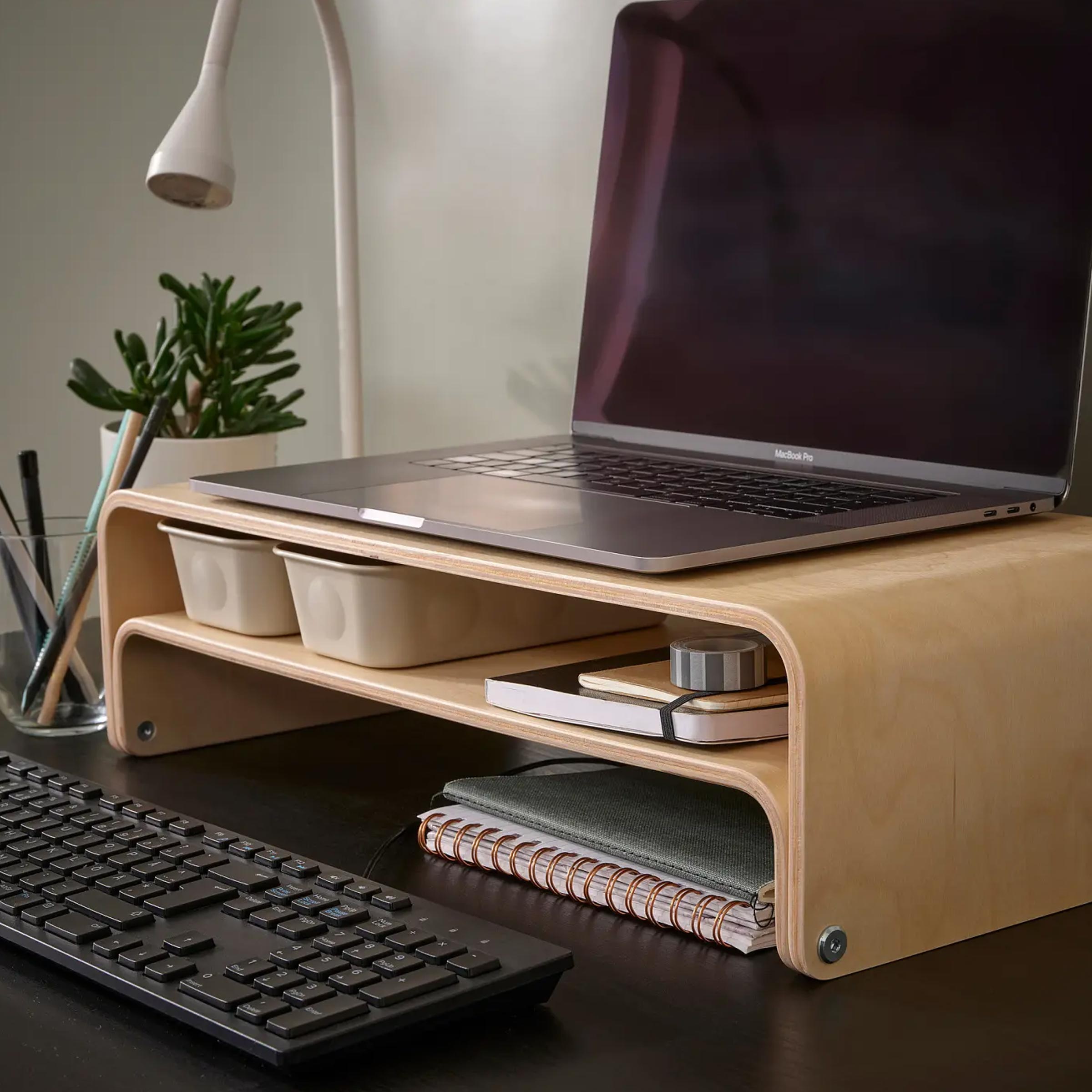 Ergonomic laptop and monitor stand with open shelf storage, ideal for office desk and study table setup in BD home usage