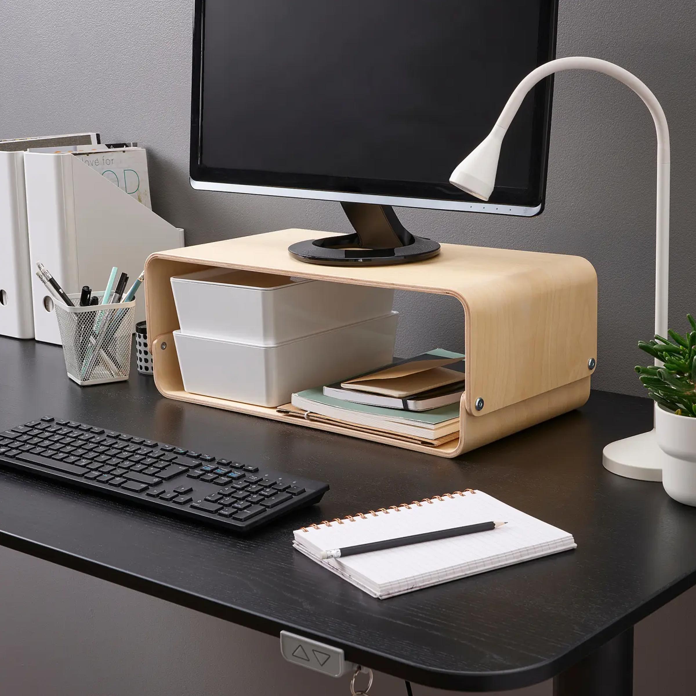 Wooden monitor riser stand for better posture, clean desk setup and compact workstation organization in Bangladesh homes