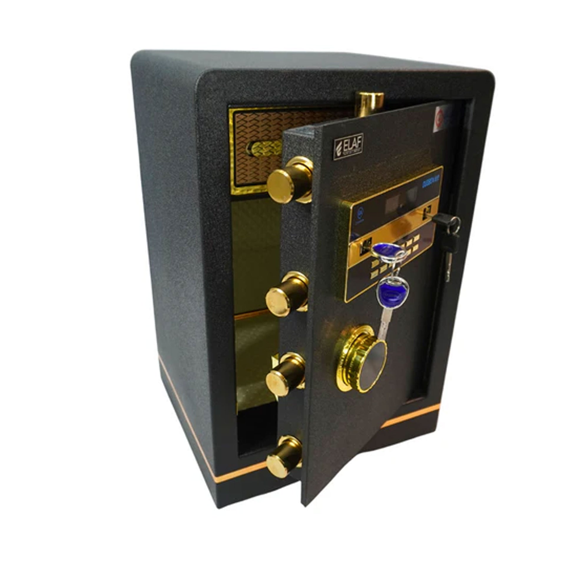 Veela Digital Safety Locker side view with black steel body and gold keypad for secure storage