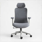 A modern gray fabric office chair with a high back, integrated headrest, adjustable armrests, and a five-star wheeled base, shown against a plain white background.