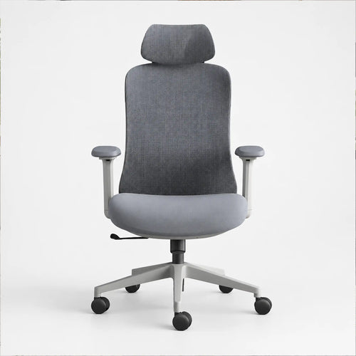 A modern gray fabric office chair with a high back, integrated headrest, adjustable armrests, and a five-star wheeled base, shown against a plain white background.