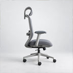 A modern ergonomic office chair with a curved gray fabric backrest, matching gray armrest, padded seat, and a silver five-star wheeled base, shown against a plain light gray studio background.