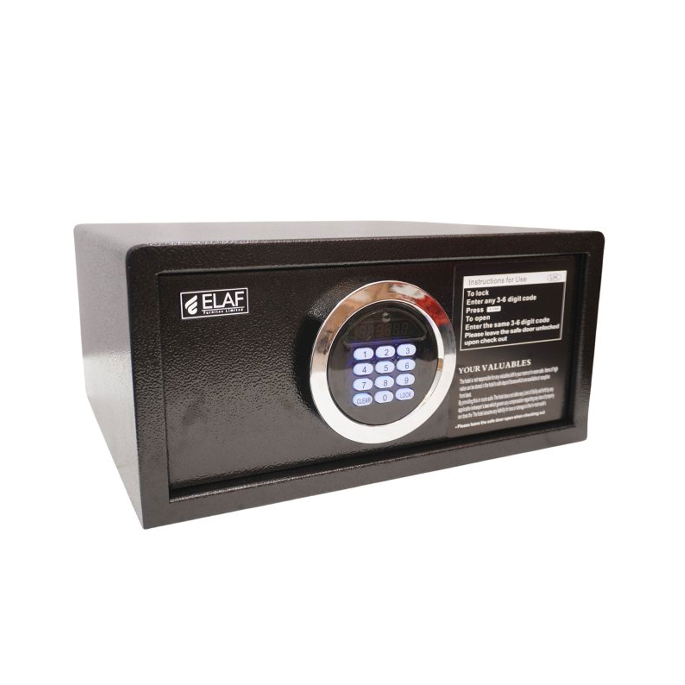 Black digital safety locker for home and office use with LCD keypad, steel body and emergency override key in BD safe BD