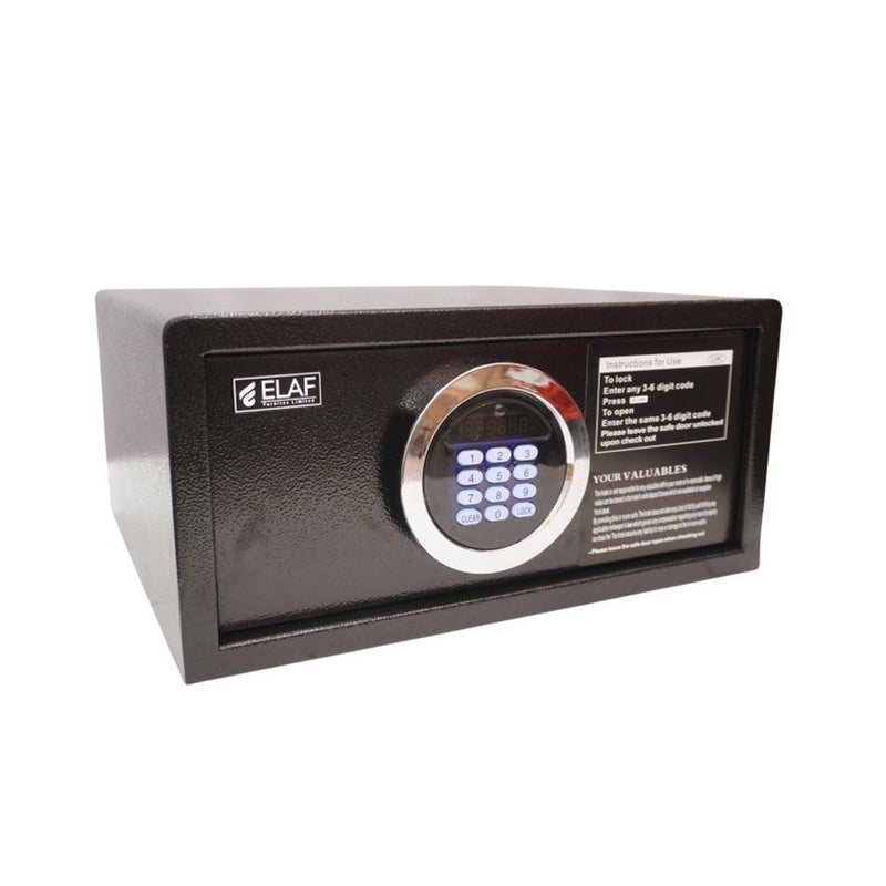 Black digital safety locker for home and office use with LCD keypad, steel body and emergency override key in BD safe BD