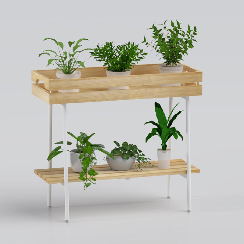 Two-tier indoor plant stand with durable MS structure and natural wood shelves for modern home décor