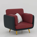 Zenline single seater sofa with burgundy rexine upholstery, black outer frame and golden SS legs for modern interiors.