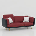 Zenline three seater sofa with red rexine cushions, black curved frame and stylish golden stainless-steel legs.