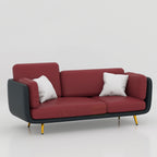 Zenline three seater sofa with red rexine cushions, black curved frame and stylish golden stainless-steel legs.