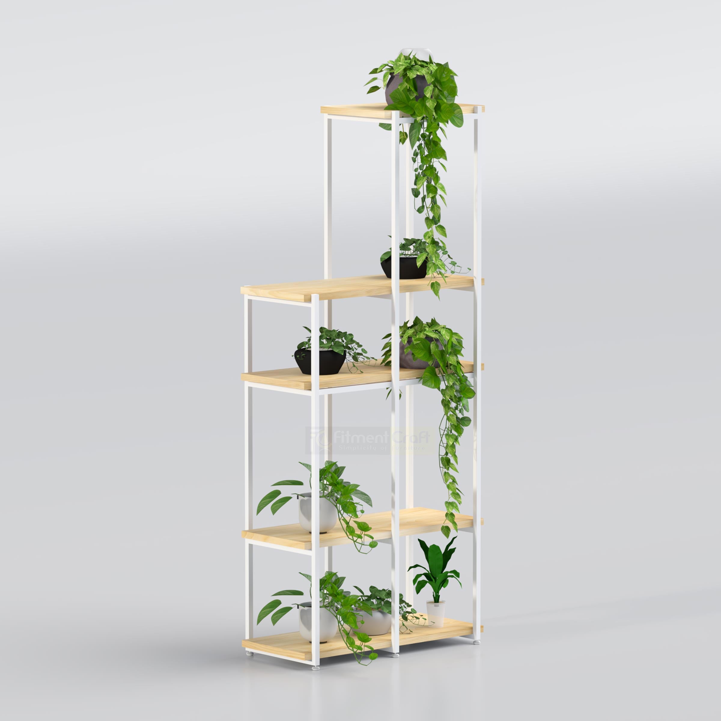 Decorative wooden plant stand with sturdy metal frame for indoor gardening and modern home styling