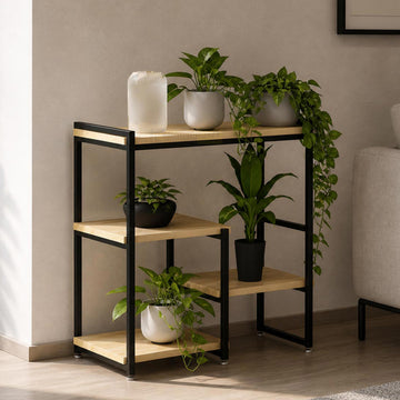 Elegant indoor plant rack with contemporary metal frame and wooden shelves for decorative plant display