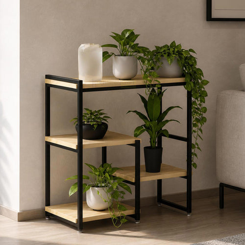 Elegant indoor plant rack with contemporary metal frame and wooden shelves for decorative plant display